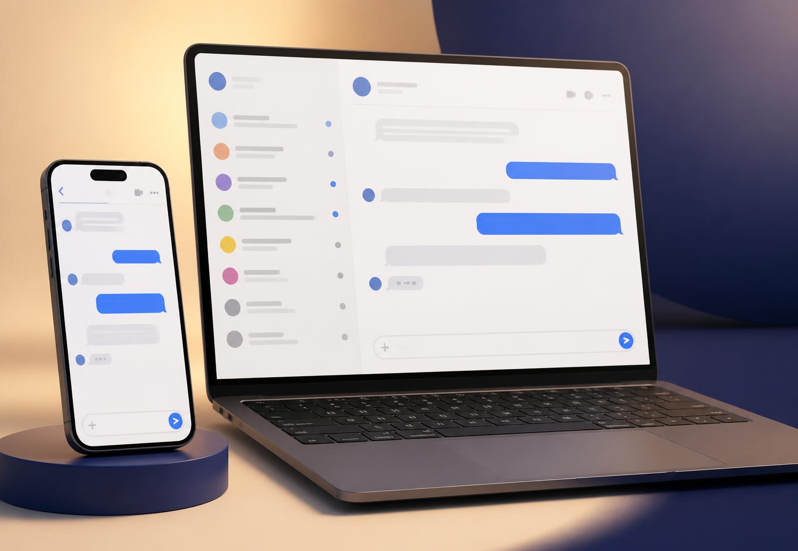 MsgMe chats open side by side on a phone and a laptop